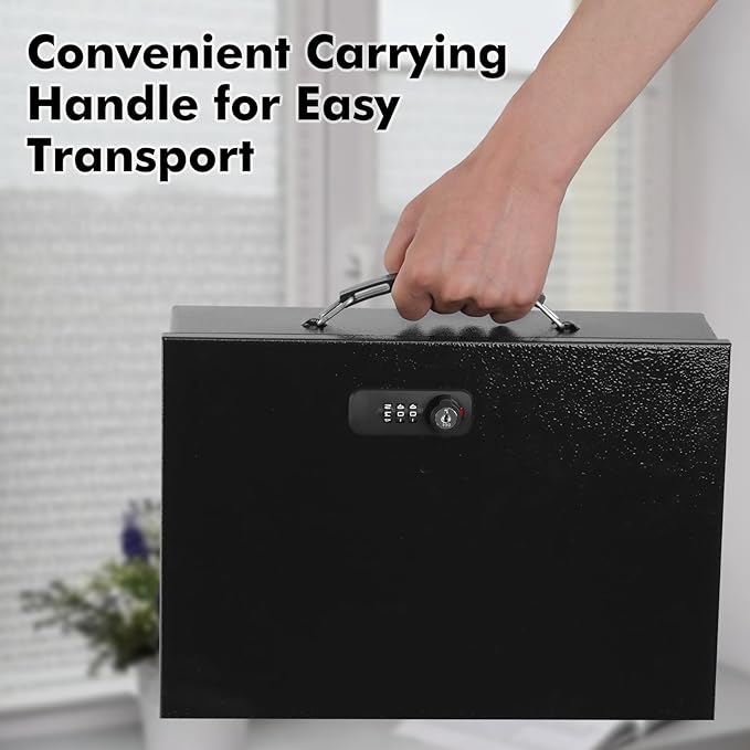KYODOLED Fireproof Lock Box for Documents, Dual Combination and Key Lock Security with Carrying Handle, Metal Strong Safe Box to Keep Personal Items, Documents, Exterior 13.2''x 11''x4.13'', Black