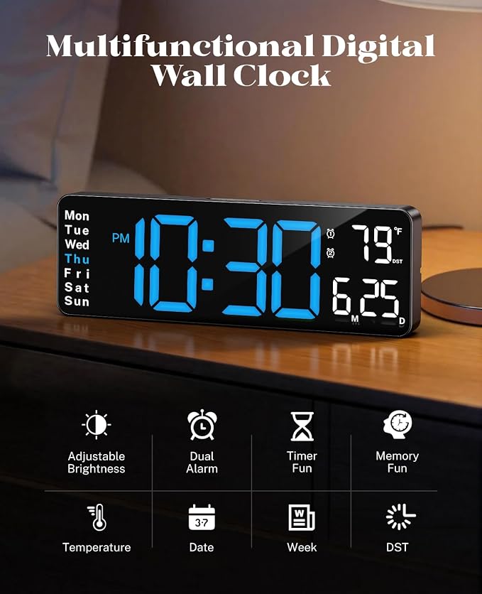 Digital Clock Large Display, 13" Large Wall Clock for Classroom | Big Led Wall Clocks with Remote Control,Date,Week,Alarm,Temp&DST for Bedroom,Living Room,Gym,Office,Garage