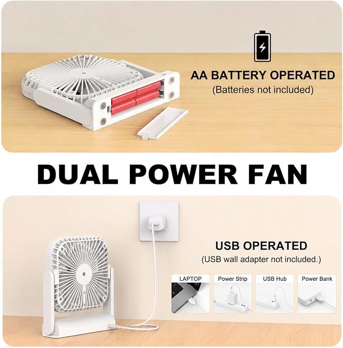 AA Battery and USB Operated Fan, Long Lasting, Quiet, Small Portable Desk Fan for Bedroom, Kitchen, Office, Travel. Built-in Magnet Base. (White)