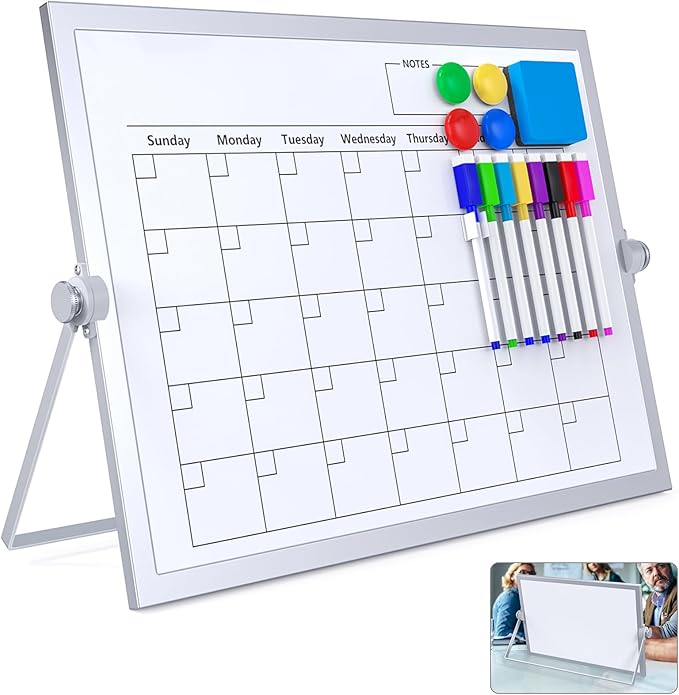 Dry Erase White Board,16X12IN Magnetic Desktop Whiteboard Calendar | Whiteboard 8 Markers, 4 Magnets, 1 Eraser, Portable Double-Sided White Board Easel for Kids Memo to Do List Desk