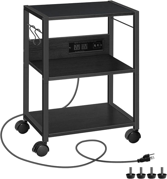 MAHANCRIS Industrial Printer Cart, 3-Tier Mobile Printer Stand, Rolling Cart with Power Outlets and USB Ports, Home Printer Stand with 2 Hooks, for Office, Living Room, Black PTHB40E01