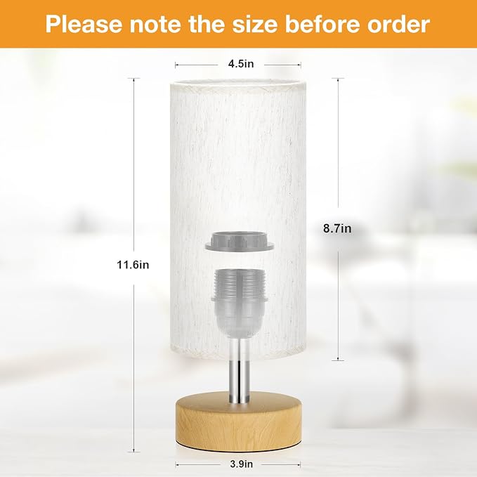 Table Lamp for Bedroom（Cream Shade - Wood Base, 11.6" Inline Control） | Bulb not Included | Minimalist Desk Lamp | Linen Fabric Shade | for Living Room | for Dorm