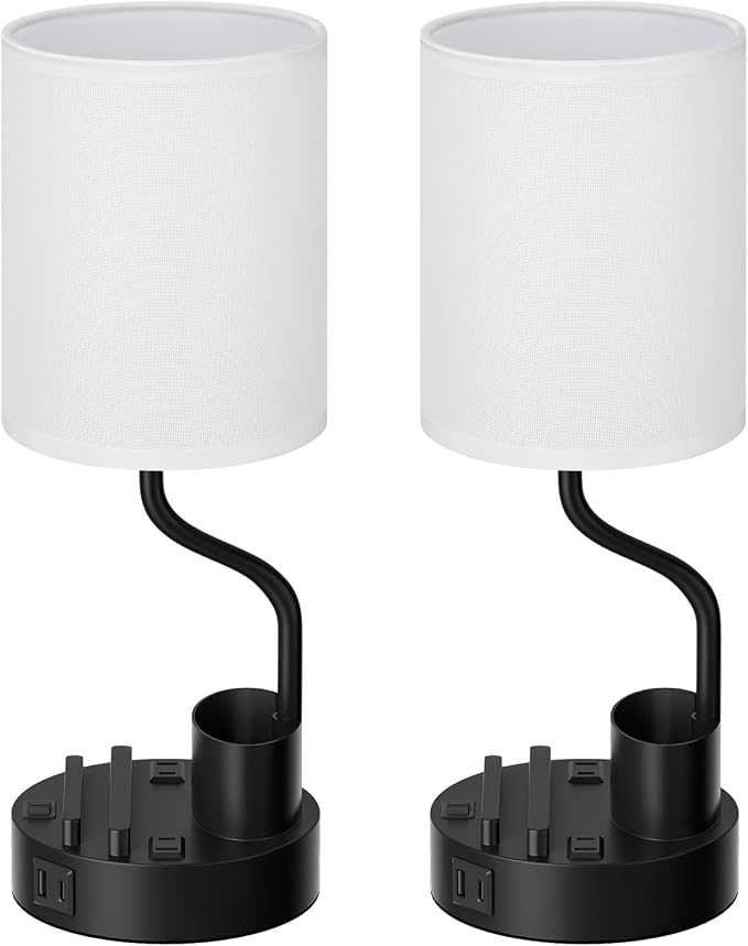 Bedside Lamps for Bedroom Set of 2 - Table Desk Lamp for Nightstand | 15" Table Lamp for Living Room with Pen Holder & Phone Stand, USB A+C Port, AC Outlet, 3 Color Temperature, LED Bulb Included