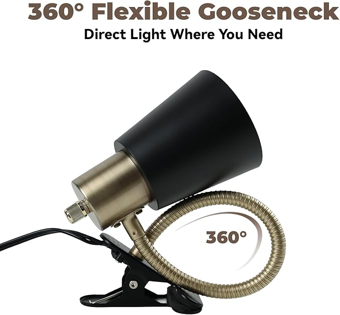 Desk lamp Eye-Caring Table Lamps, 360°Rotation Gooseneck Clip on Lamp Reading Light, Portable Reading Book Light, Clamp Light, Study Desk Lamps for Bedroom and Office Home Lighting (Black and Gold)
