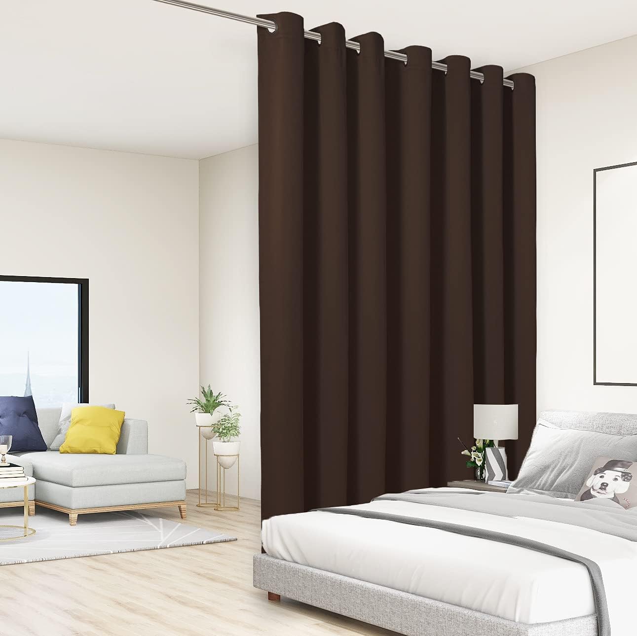 BONZER Extra Wide Room Divider Curtain Screen Partitions Total Privacy Wall Noise Reducing Blackout Curtains for Home Theatre, Storage, 108L x 150W Inch (9L x 12.5W ft), 1 Panel, Chocolate
