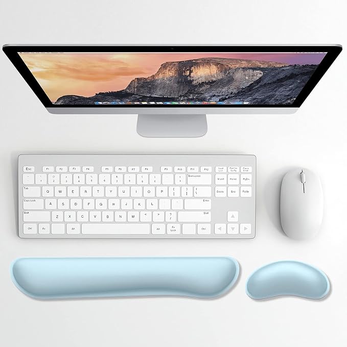 Dapesuom Enlarge Keyboard Wrist Rest, Memory Foam Wrist Cushion for Desk Mats Support, Cute Typing Pain Relief Keyboard Mouse Pad Rests Set with Non-Slip Base for Gaming Laptop Office, Sky Blue