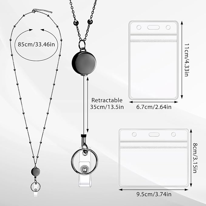 Lanyards for Id Badges Stainless Steel Badge Lanyard with 2 Pcs Waterproof Badge Holder Retractable Badge Lanyards Teacher Lanyard for Cruise Ship Key Cards Id Badges (Black)