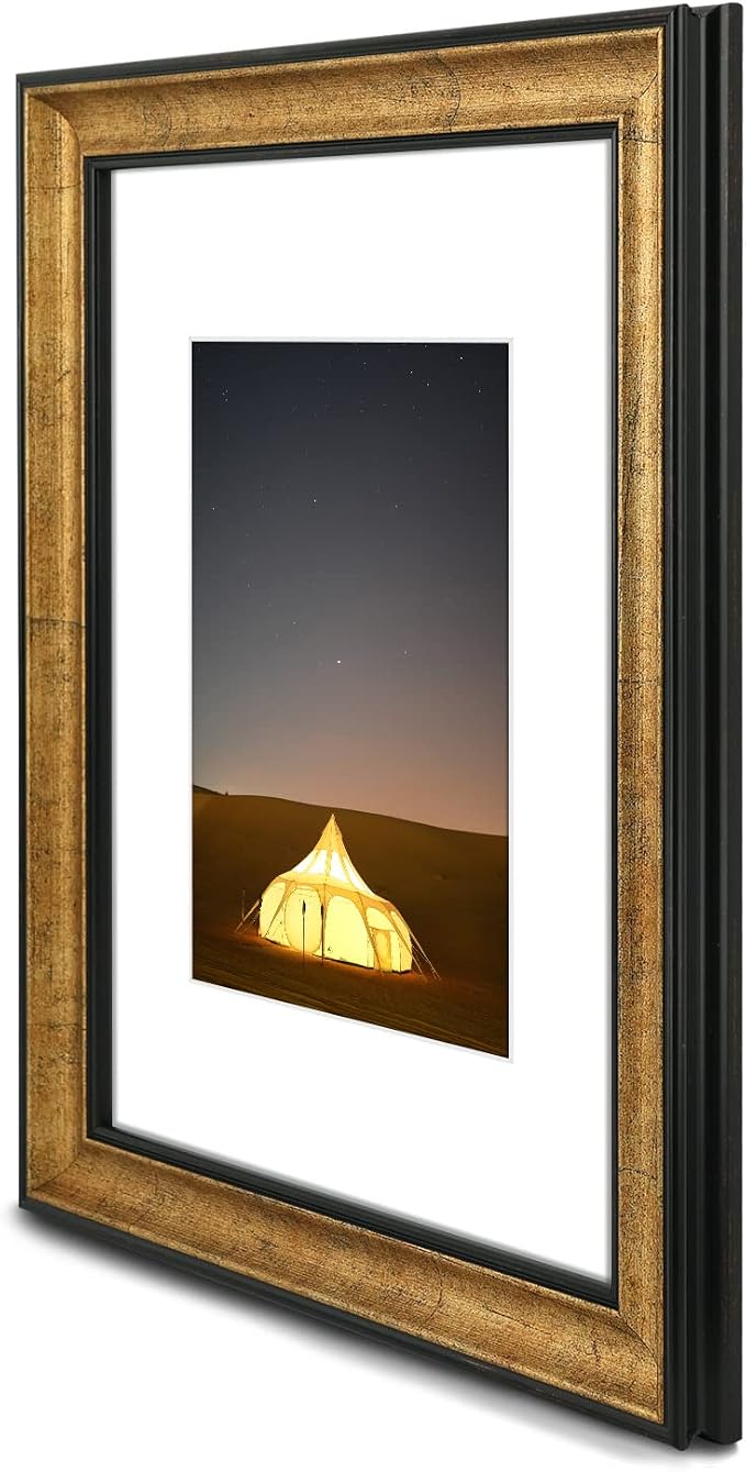 Golden State Art, 9X12 Photo Frame with White Mat for 6X8 Pictures & Real Glass, 1.25-Inch Wide, Antique Gold