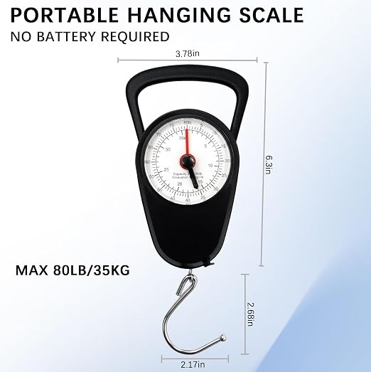 Hanging Scale with Hook, Fish Scale No Battery, Suitcase Scale, 80 Lbs | 2PC Luggage Weight Scale with Tape Measure, Durable Hanging Scale with Tape Measure for Suitcases, Travel, Fishing & Outdoor