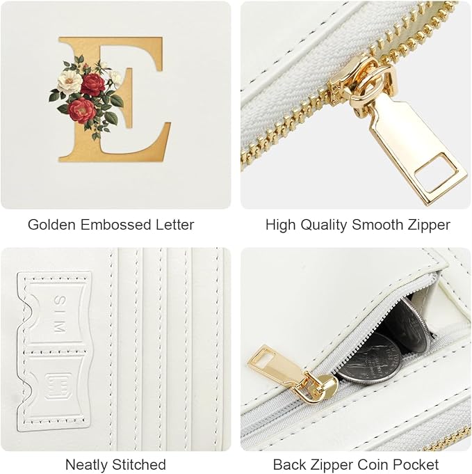 Passport Holder for Travel Personalized Wallet with Wristlet Women | All-in-One Passport Cover, RFID Blocking, Back Coin Pocket, Paper Money Slot, Zipper Closure, Roses Initial Letter, White E