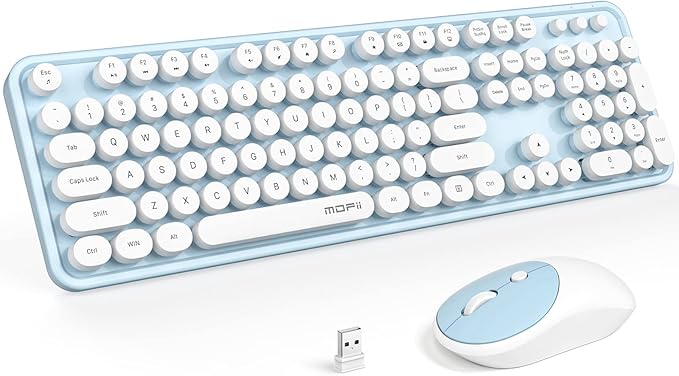 MOFII Wireless Keyboard and Mouse Combo, Computer Full Size 2.4G Plug and Play Wireless Typewriter Retro Round Keyboard and Mouse Set for Windows, Computer, Desktop, PC, Notebook - (Light Blue)