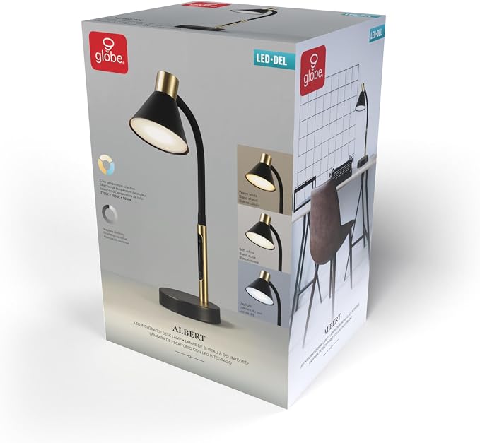 Globe Electric 62000034 15" LED Integrated Desk Lamp, Matte Black, Brass Accent, Adjustable Gooseneck, Dimmable, 3 Color Temperature, 7.5W, 90 CRI, 400 Lumens, Reading Light, Dorm Room Essentials