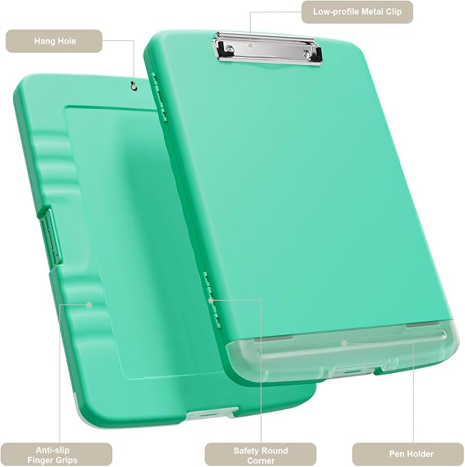 Piasoenc Clipboard with Storage, 8.5 x 11 Clip Board with Pen Holder, Green | High Capacity, Heavy Duty Plastic Organization Box for A4 Legal Paper Folder, Folio & Side-Opening Nurses, Teachers, Student