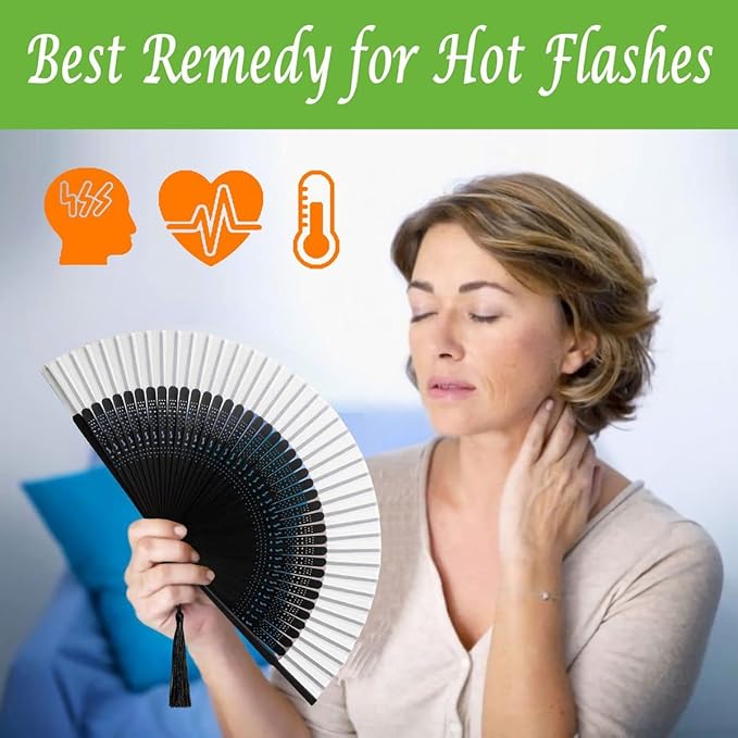 OMyTea Folding Hand Fan for Women - Foldable Chinese Japanese Vintage Bamboo Silk Fan - for Hot Flash, Church, Decoration, EDM, Music Festival, Dance, Party, Performance, Gift (Sexy Black - White)