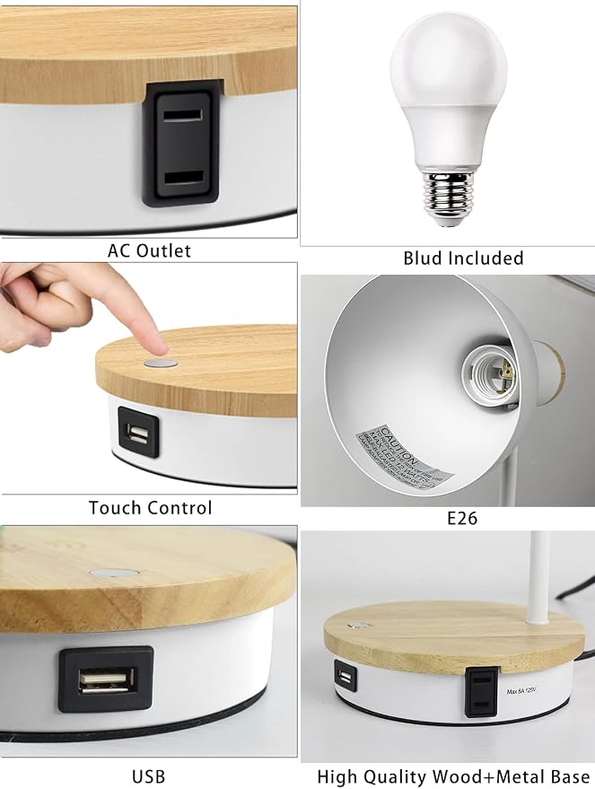 LALISU Metal Desk Lamp Wireless Charging Table Lamp Touch Reading Lights Arc Desk Lamps for Bedroom, 3 Way Dimmable Bedside Lamp with USB Charging Ports Lamp for Study Room and Office (White)