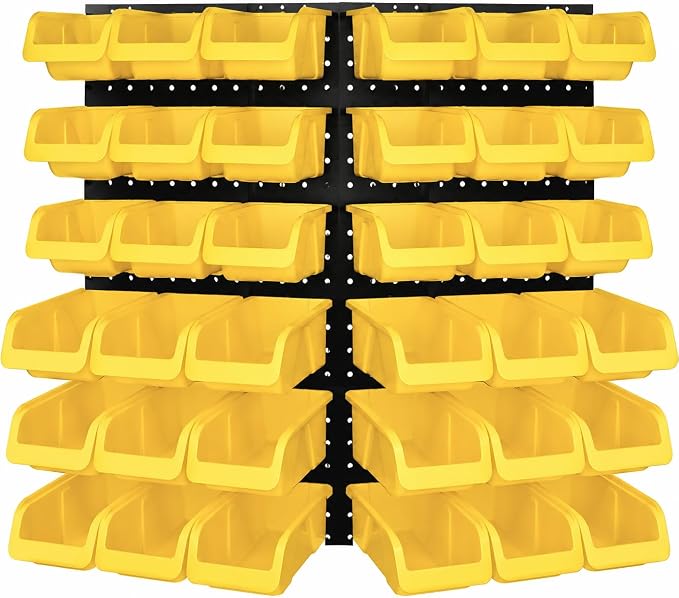 WALLPEG 36 Pack Pegboard Bin Kit – 18 Medium & 18 Large Yellow Peg Board Storage Bins | Parts Organizer for Garage, Workshop, Craft Room, Office & Workbench | Pegboard Accessory Organier | MADE IN USA