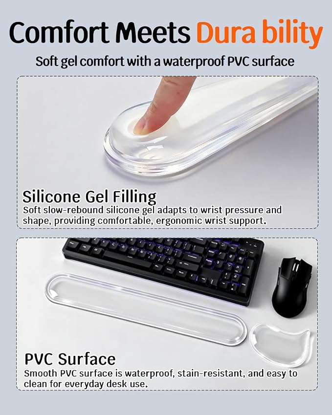 Clear Gel Keyboard Wrist Rest with Mouse Pad Wrist Support, Ergonomic Wrist Rest for Computer Keyboard and Mouse, Non-Slip Cooling Keyboard Pad for Office, Gaming & Laptop (Transparent)