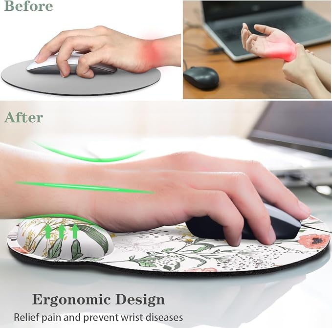 WAVEYU Ergonomic Mouse Pad with Wrist Support, Decorative Mouse Mat, Non-Slip Rubber Base Mousepad for Desk Laptop Gaming Working Computers Easy Typing & Pain Relief, 9''x 10'', White Flower