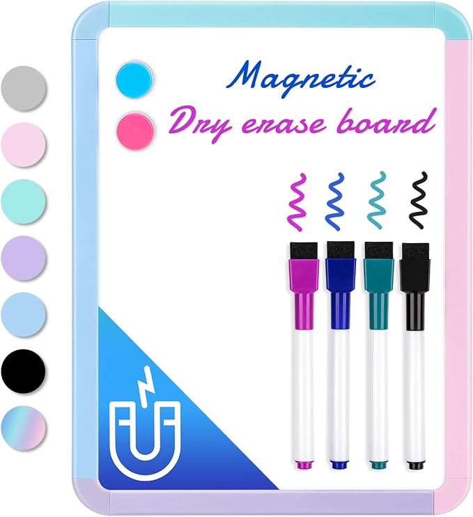 VUSIGN Magnetic Dry Erase Board, 8.5 x 11 Inches White Board, Colorful 1 | Includes 4 Dry Erase Markers, Small Mini White Board for Students Fridge Wall Locker