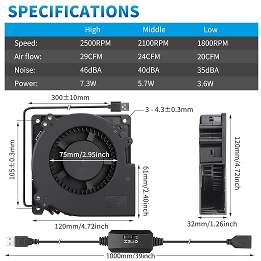 Wathai 120mm x 32mm USB Brushless Centrifugal Blower Fan 5V Speed Control | 1232 1200mm usb Blower with Speed Control for Receiver DVR Xbox Modem AV Cabinet Efficient Cooling