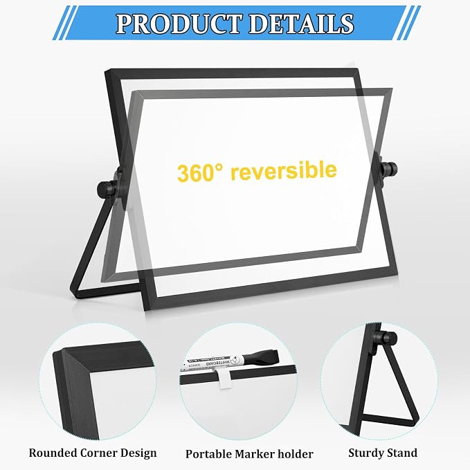 Double-Sided Magnetic White Board with Stand, 12" x 8" (Black) | Dry Erase Board with Stand, Desktop Whiteboard Easel , Portable Small White board dry erase for Drawing, Office, Home