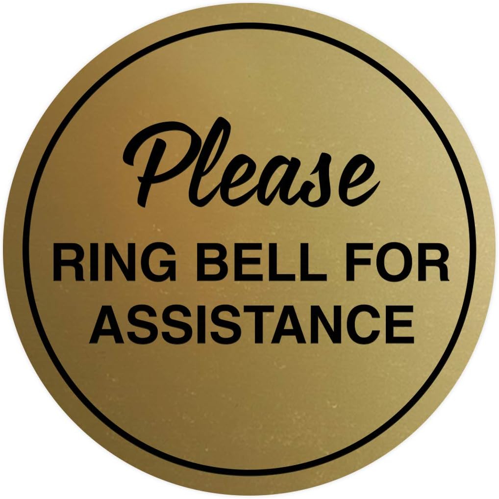 Signs ByLITA Circle Please Ring Bell For Assistance Wall or Door Sign | Easy Installation | Front Desk Reception Sign (Brushed Gold) - X-large (5 Pack)