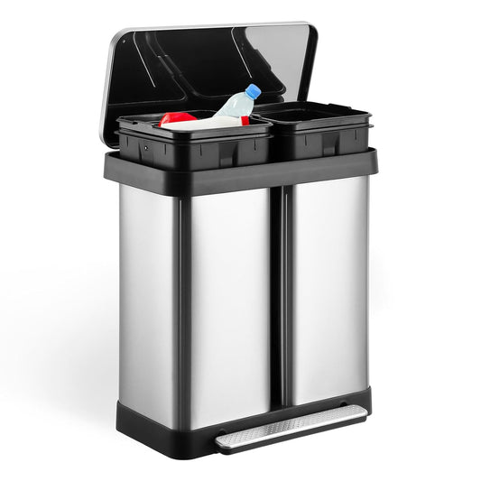16 Gallon Dual Trash Can, 2 X 30 L Stainless Steel Two Compartment Garbage Can with Soft-Close Lid, Recycle Bin with 2 Removable Inner Buckets and Foot Pedal for Kitchen Home Office