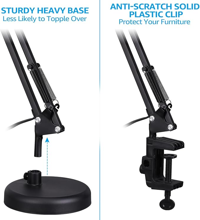 TORCHSTAR Metal Desk Lamp, Adjustable Swing Arm, E26, Black | Architect Gooseneck Multi-Joint Clip Table Lamp with Plastic Clamp, for Home Office, Work, Study, Reading, Bulbs not Included