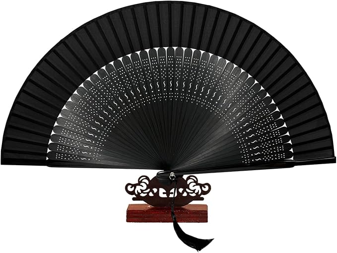 EOSAU Bamboo Hand Fan Foldable 8.3 Inch, Portable Folding Fan with Pouch for Church Wedding Makeup, Small Decorative Cooling Fan for Women (Black/Hollow)