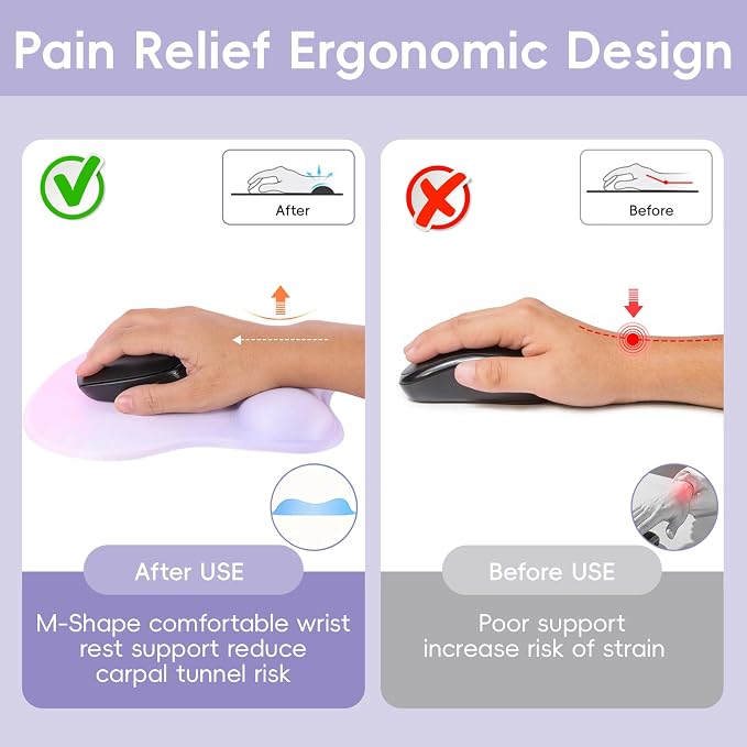 Mouse Pad with Wrist Rest Ergonomic Mouse Pad with Comfortable M-Shape Pain Relief Wrist Support Non-Slip PU Base Mousepad for Laptop, Office & Home (Lavender Plum)