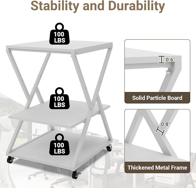 Natwind 3 Tier Printer Stand, 19.7''x19.7'' Large Printer Table with Height Adjustable Shelf, Rolling Printer Cart with Wheels,Multifunctional Organizer Shelf for Home Office Kitchen（White）