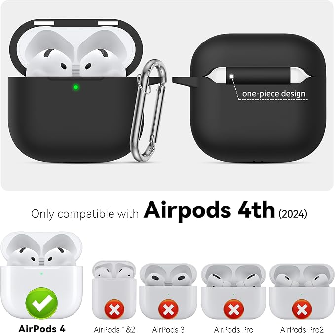 for AirPods 4 Case 2024 with Cleaner Kit & Keychain-Magnetic Black | Silicone Protective Cover for Apple AirPods 4th Generation Case,for Women Men,One-Piece Design,Shockproof,Dust Proof,Magnetic