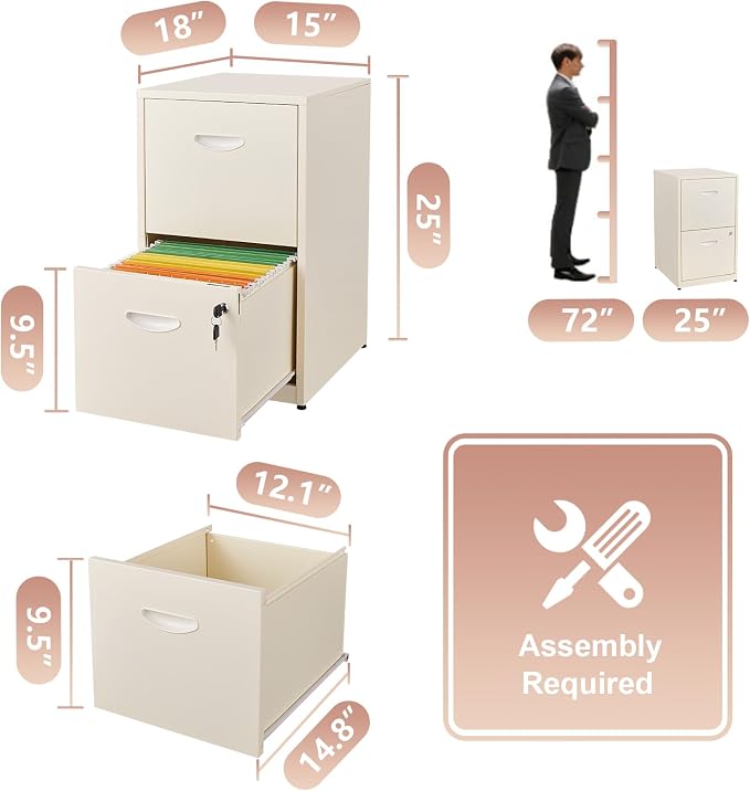 Polup 2 Drawer File Cabinet with Lock, Metal Filing Cabinet for Home Office | Small Locking Cabinet for Under Desk Storage, Printer Stand, Fits Letter Size, Cream, 26"H x 15"W x 18"D, Easy Assembly