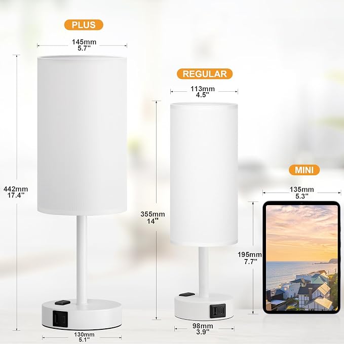 White Nightstand Bedroom Lamp - 3 Way Dimmable Bedside Lamp USB C A Charging Ports and AC Outlet, Small Table Lamp Linen Lampshade for Office Desk