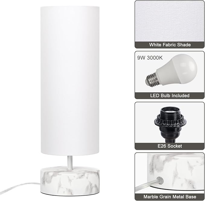 Touch Table Lamp with Marble-Grain Metal Base, 3 Way Dimmable Bedside Lamp | Modern Minimalist Desk Lamp with White Shade, Nightstand Night Light for Bedroom Living Room Home Office, LED Bulb Included