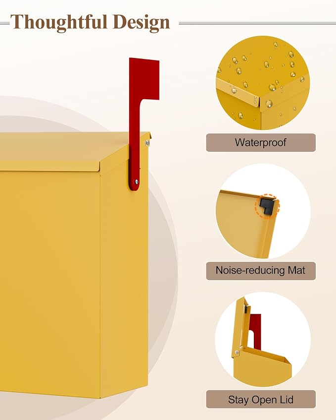 Wall-Mount Mailbox for Outside, Large Capacity Rust-Proof Mail Box with Stay-Open Lid & Red Flag Kit, Galvanized Steel Weather-Resistant Post Box for House Outside, 10.5"x4.3"x14.2", Yellow
