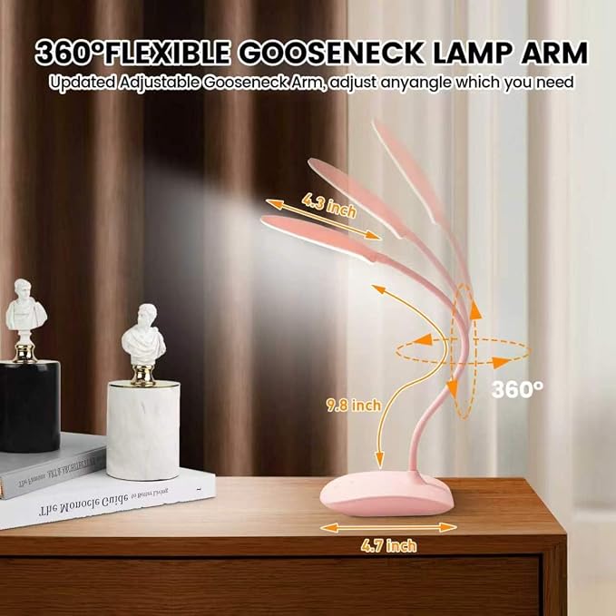 Portable Battery Powered Desk Lamp Small Rechargeable LED Table Light | 400 Lumen Eye Care,3 Color Temperatures,Stepless Touch Dimming,360° Adjustable for Nail Study Dorm Office Bedroom,Pink 1 Pcs