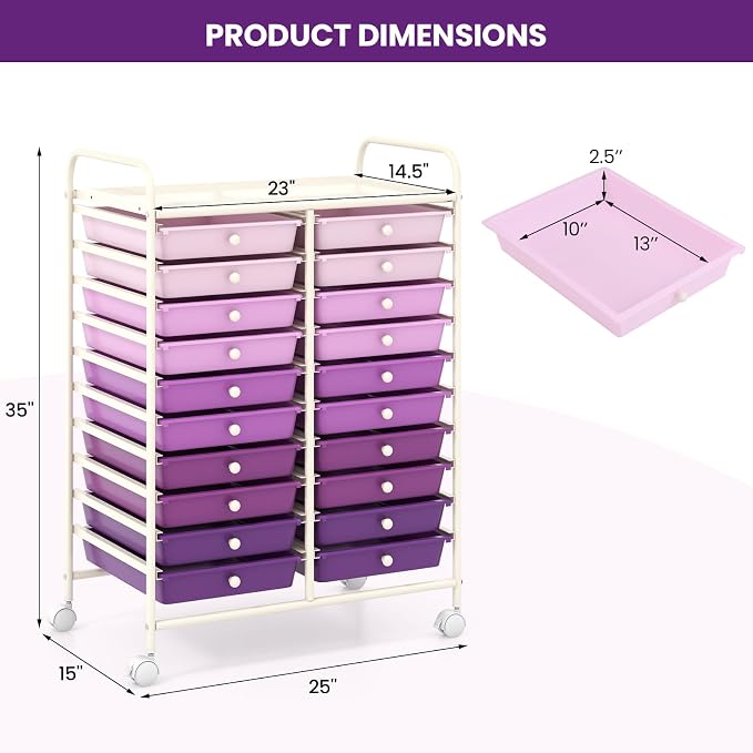 COSTWAY 20-Drawer Rolling Storage Cart, Utility Storage Organizer Cart | For Tools, Scrapbook, Paper, Craft, Multipurpose Storage Trolley on Wheels for Home Office School (Purple Gradient)