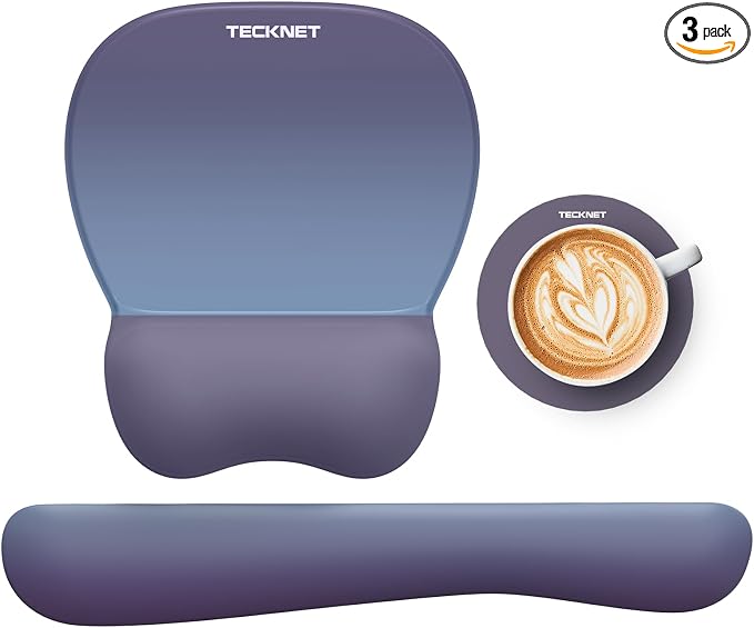 TECKNET Gel Ergonomic Mouse Pad & Keyboard Wrist Rest & Coaster | 3 in 1 Set, Pain Relief, Milk Silk Cloth, Non-Slip PU Base, Easy Typing, Memory Foam Wrist Support for Office & Home