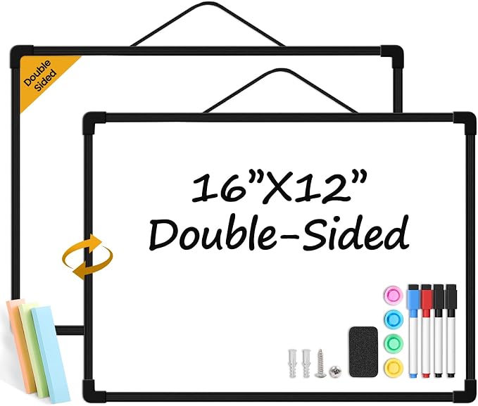 Black Frame Small Dry Erase Board for Wall, 16" x 12" Double-Sided Hanging Whiteboard with 4 Markers, 4 Magnets and 3 Mini Sticky Notes, Portable Whiteboard for Kids, School, Home, Office