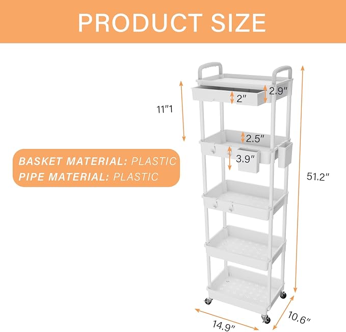 5 Tier Rolling Utility Cart with Drawer,REBECAT Utility Cart Made of Multifunctional Storage Organizer Tool for Kitchen,Bathroom,Living Room,Office(White)