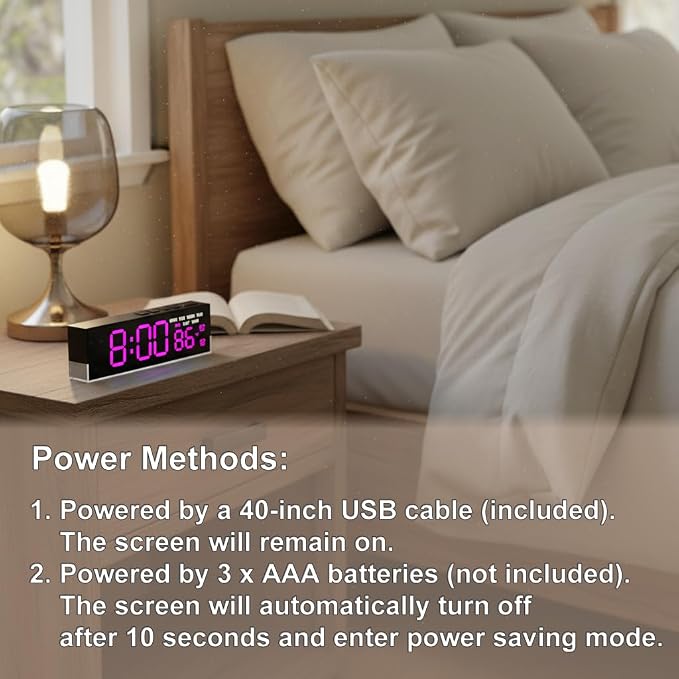 JENLYSTIME 7 Inch LED Digital Alarm Clock with Dual Alarms & Bottom Glow｜Displays Time, Date, Day, Temperature ｜3-Level Auto/Manual Brightness, DST, USB or Battery Powered Modern Desk Clock(Rose Red)