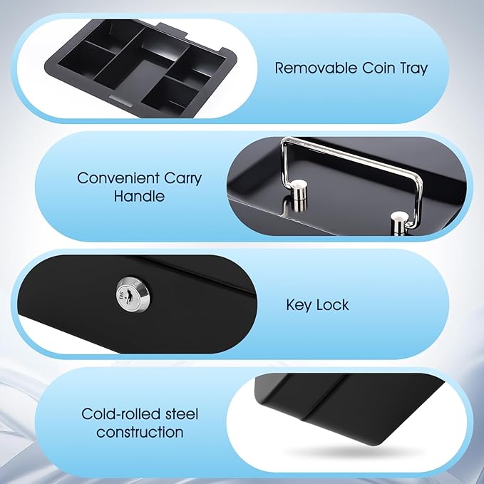 KYODOLED Metal Cash Box with Key Lock & Money Tray - Secure Safe for Home, Office & Events, Ideal for Cash, Meds & Small Items, 7.87" x 6.30" x 3.35", Black, 2 Pack