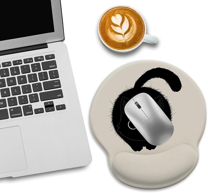 LIMKRIAN Black Cat Ergonomic Mouse Pad with Wrist Rest, Cat Lovers Gifts | Computer Small Mouse Pad, Comfort Wrist Support, Pain Relief, Non-Slip PU Base, Cute Office Supplies Desk Accessories Decor