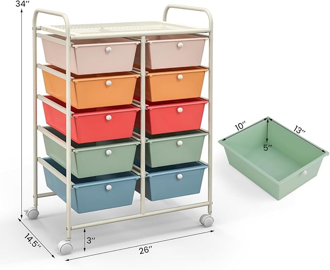 BECOMFORT 10-Drawer Rolling Cart with Drawers, Storage Cart on Wheels, Teacher Classroom Organizers with Metal Frame, Mobile Craft Cart, Trolley Utility Cart for School Office Play Room