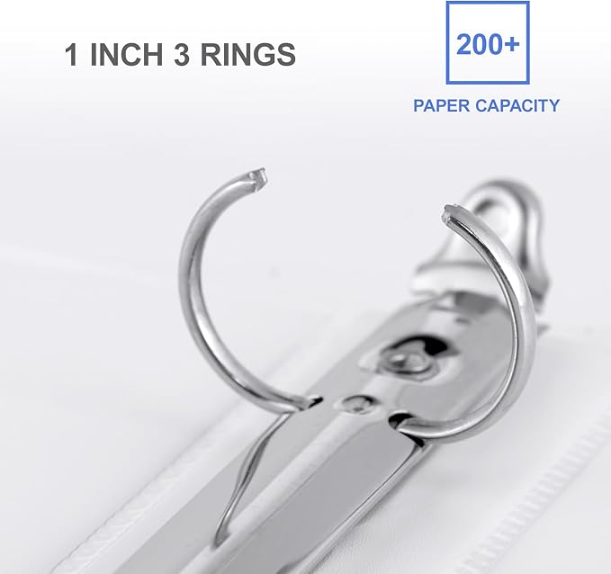 3 Ring Binder 1 Inch, ViVin Sturdy 1"-Round Ring Binder with 2 Interior Pockets, Clear View Cover, PVC-Free, Fits 200 Sheets of 8.5'' x 11'' Paper, Office Home School (8 Pack, White)