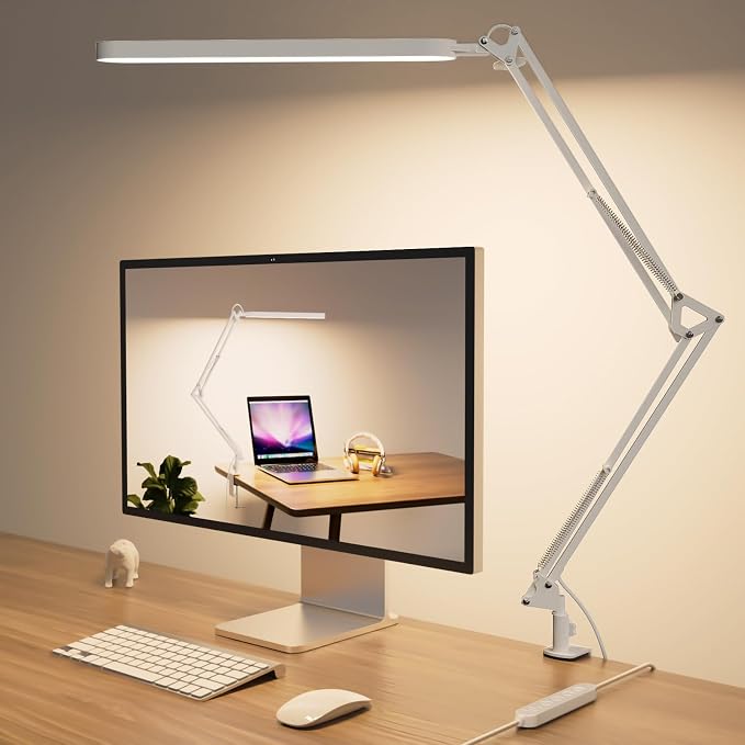 Led Desk Lamp - 31.5" Desk Light - 5 Color Modes X 11 Brightness Levels - Adjustable Swing Arm - Timmer & Memory Function - 12W Study Lamp - White