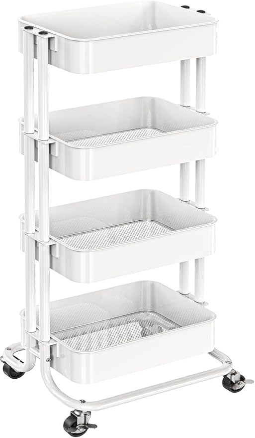 Pipishell 4 Tier Metal Rolling Utility Cart with 2 Lockable Wheels, White | 360° Rotating Wheel, Heavy-Duty Steel, Sturdy Dual Columns, Ventilated Mesh, Hold 22 lbs per Shelf, for Kitchen & Living Room