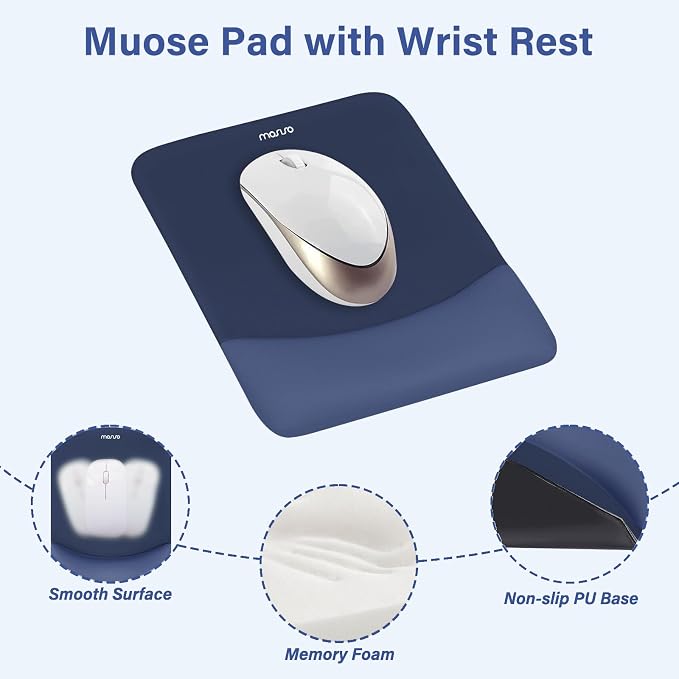 MOSISO Wrist Rest Support Mouse Pad & Keyboard Set, Navy Blue | Rectangular Ergonomic Mousepad, Non-Slip Base, Home/Office Pain Relief & Easy Typing, Neoprene Cloth & Raised Silicone Lining