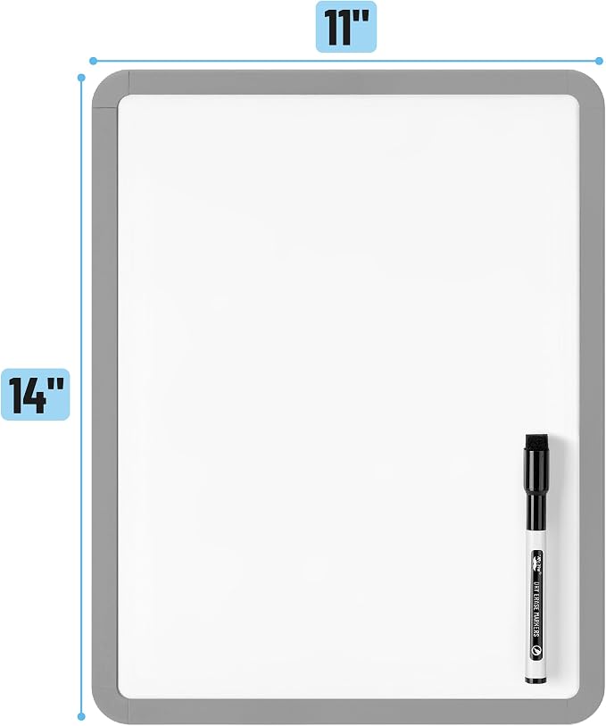 Mr. Pen- Dry Erase Board, 14” x 11” with a Black Dry Erase Marker | Gray Frame, Small Mini White Board for Students, Fridge, Wall, Locker, Includes Double Sided Tapes